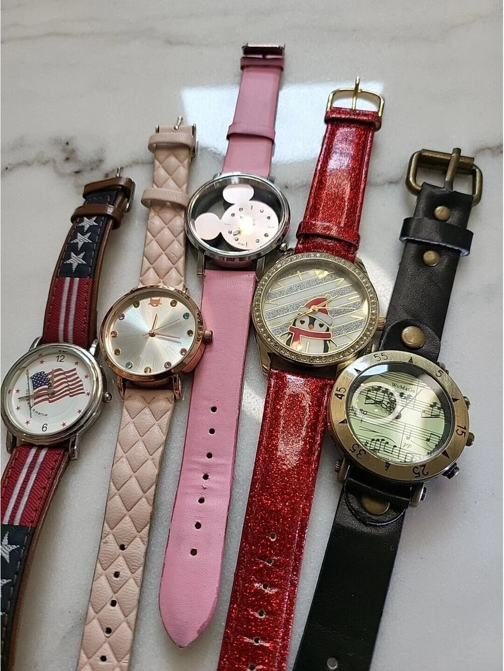Vtg Womens Watch Lot 5 All Working W New Batteries America, Music, Disney, Cat +